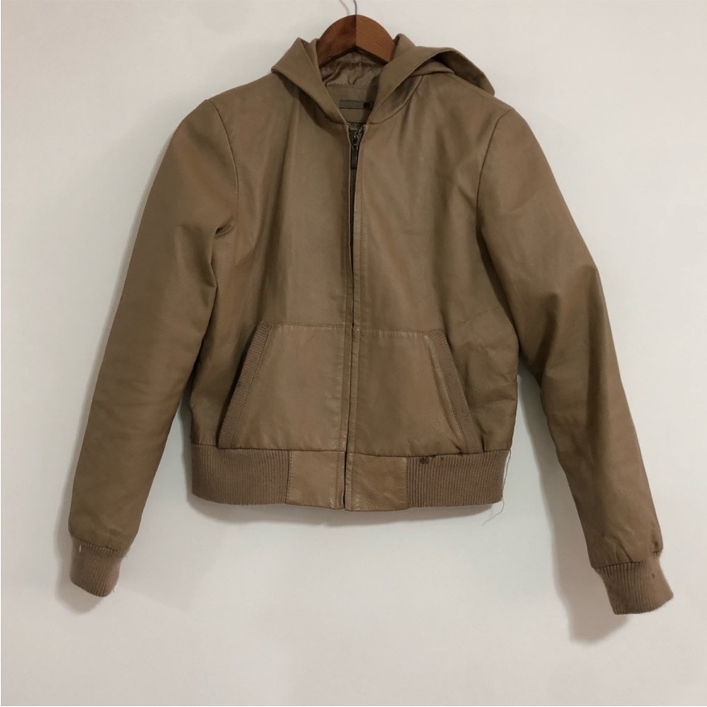 90s Vintage FJ Leather Tan Neutral Hooded Jacket Size Large 100% Genuine Leather